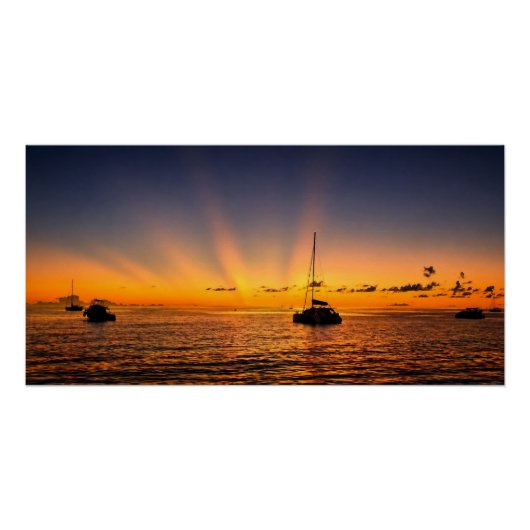 Caribische Zonsondergang Zeilboot Glanzende Poster (Voorkant)