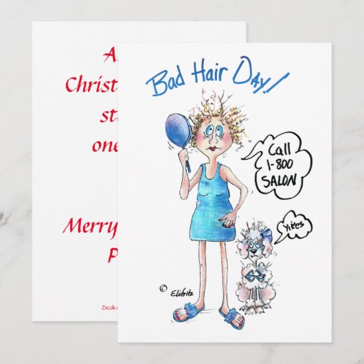 Caricature with Bad Hair and Funny Saying Feestdagenkaart (Voorkant / Achterkant)