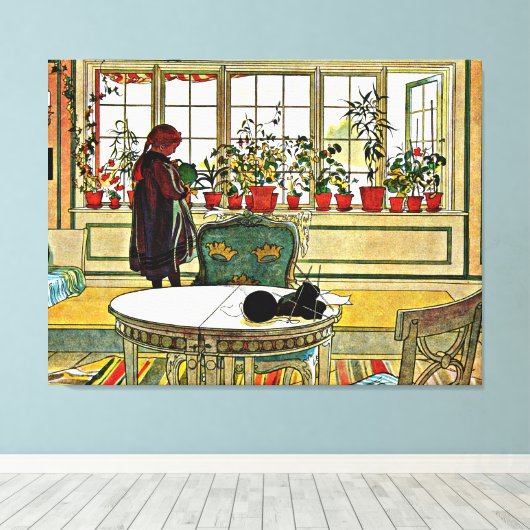 Carl Larsson - Bloemen op een ramen Canvas Afdruk (Insitu (Houten vloer))