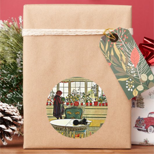 Carl Larsson - Bloemen op een ramen Ronde Sticker (Feestdagen)