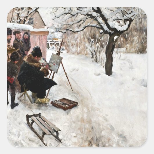 Carl Larsson Open Air Painter. Winter-Motif Vierkante Sticker (Voorkant)