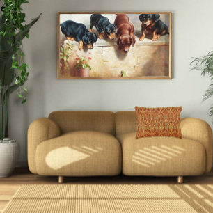 Carl Reichert Curious Dachshund Puppies en een kik Canvas Afdruk