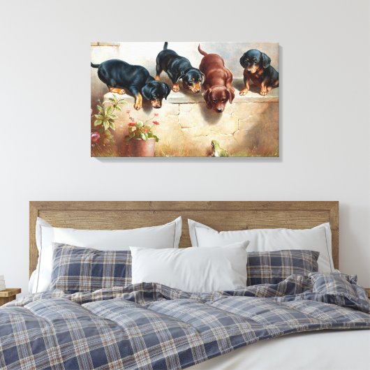 Carl Reichert Curious Dachshund Puppies en een kik Canvas Afdruk (Insitu (Slaapkamer))