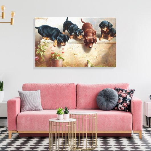Carl Reichert Curious Dachshund Puppies en een kik Canvas Afdruk (Insitu (Woonkamer))