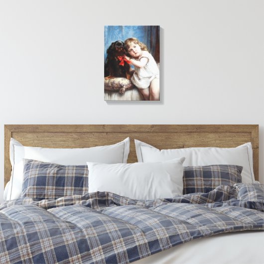 Carl Reichert Een meisje met een Cavalier King Cha Canvas Afdruk (Insitu (Slaapkamer))