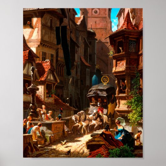 Carl Spitzweg - Ankunft der Postkutsche 1859 Poster (Voorkant)