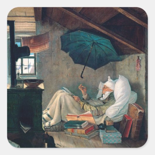 Carl Spitzweg - Der arme Poet - Deutsche Malerei Vierkante Sticker (Voorkant)