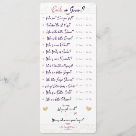 Carla's Vrijgezellenfeest Game 1/3 - "Bride of Gro Menu (Voorkant)