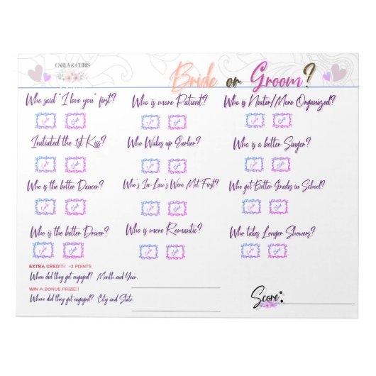 Carla's Vrijgezellenfeest Game "Bride of Groom?" Notitieblok (Voorkant)