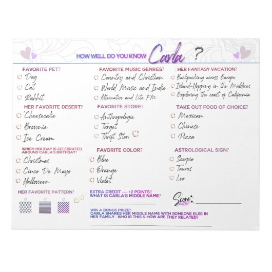Carla's Vrijgezellenfeest Game "Hoe goed ken je?" Notitieblok (Voorkant)