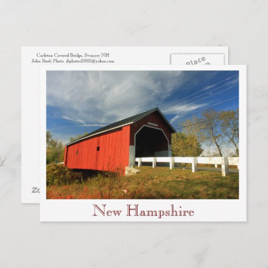 Carleton Covered Bridge Swanzey NH, New Hampshire Briefkaart (Voorkant / Achterkant)