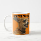 Carlos B. Dog voor en na koffie-MOK Koffiemok (Links)