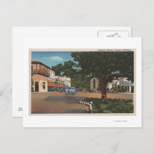 Carmel, CA - Street Scene met bomen en winkels Briefkaart (Voorkant / Achterkant)