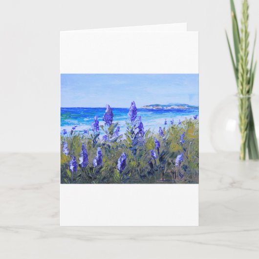 Carmel Californië, Strand, Lupines, het Art. van Kaart (Voorkant)
