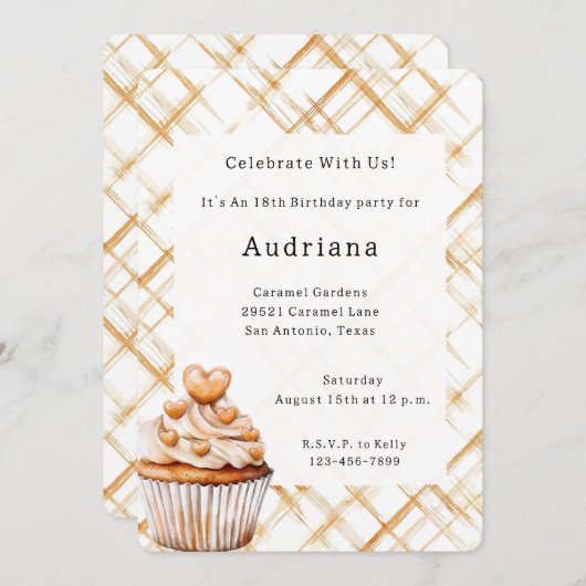 Carmel Cream Hearts Cupcake Verjaardag Kaart (Voorkant / Achterkant)