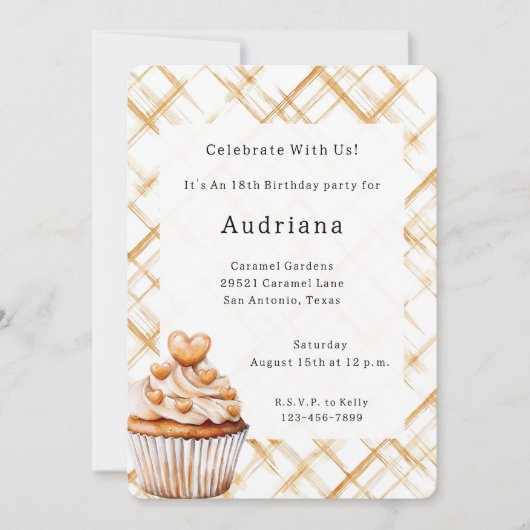 Carmel Cream Hearts Cupcake Verjaardag Kaart (Voorkant)