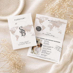 CARMEN Beige Wereldkaart Paspoort Huwelijksuitnodi Kaart