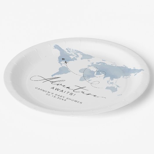 CARMEN Dusty Blue Map Adventure Baby shower Papieren Bordje (Gekanteld)