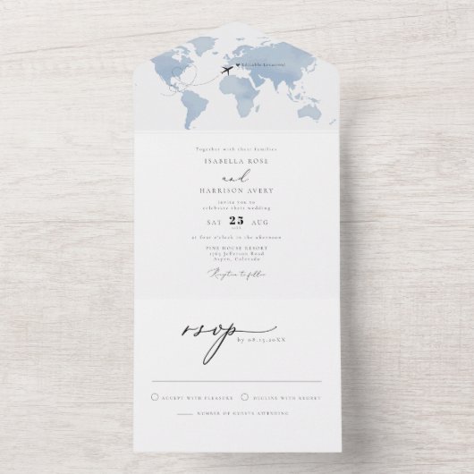 CARMEN Dusty Blue Map Reisbestemming Weddenschap A All In One Uitnodiging (Binnen)