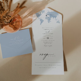 CARMEN Dusty Blue Map Travel Destination Wedding All In One Uitnodiging