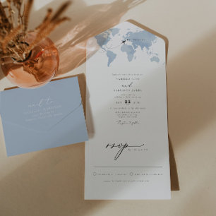 CARMEN Dusty Blue Map Travel Destination Wedding All In One Uitnodiging