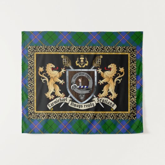 Carmichael Clan Badge & Motto w/Lions Wandkleed (Voorkant (horizontaal))