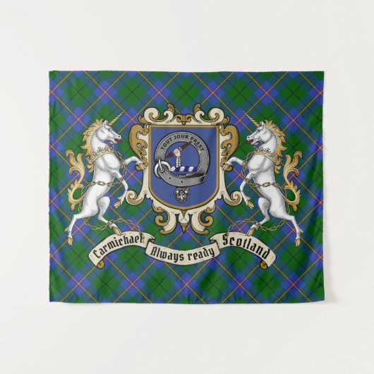Carmichael Clan Badge & Unicorns w/Tartan Wandkleed (Voorkant (horizontaal))