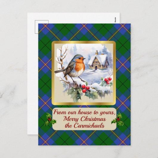 Carmichael Tartan w/Robin Personalized   Feestdagenkaart (Voorkant / Achterkant)
