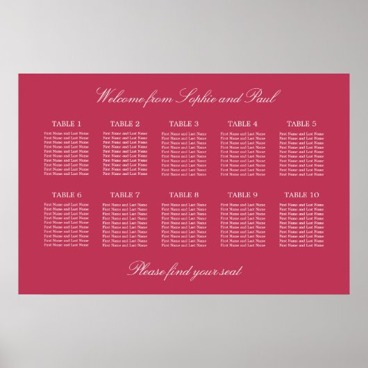 Carmine Magenta 10 Tafel Stoelindeling Poster (Voorkant)