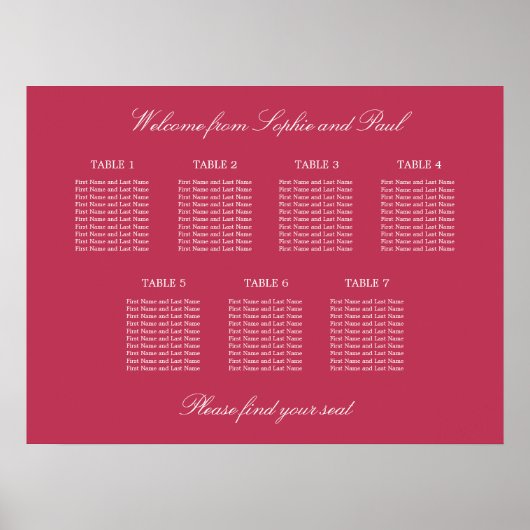 Carmine Magenta 7 Tafel Stoelindeling Poster (Voorkant)