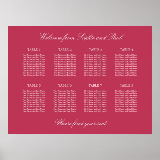 Carmine Magenta 8 Tafel Stoelindeling Poster (Voorkant)