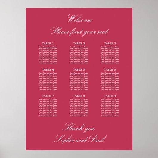 Carmine Magenta 9 Tafelstoelindeling Poster (Voorkant)