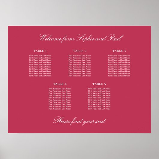 Carmine Magenta Rood 5 Tafel Stoelindeling Poster (Voorkant)