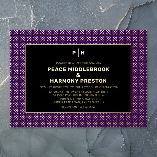 Carnaby Confetti Gold Paars Black Wedding Folie Uitnodiging
