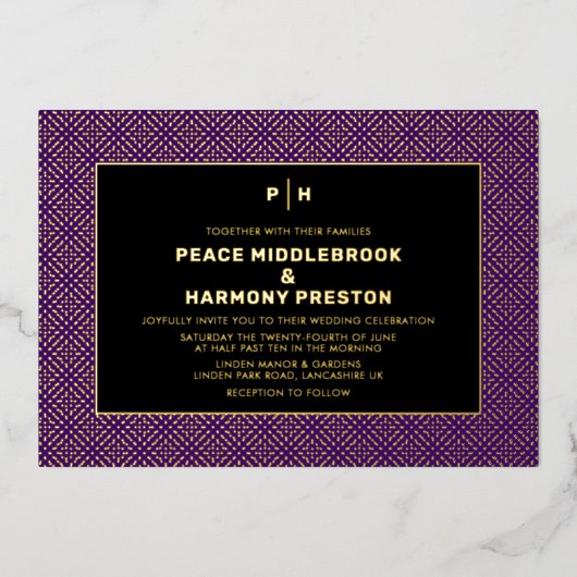 Carnaby Confetti Gold Paars Black Wedding Folie Uitnodiging (Voorkant)