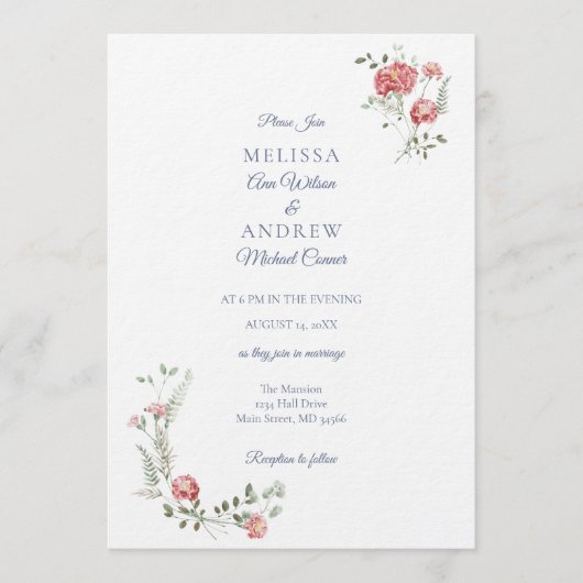 Carnations and Blue Wedding Invitation Suite Kaart (Voorkant)