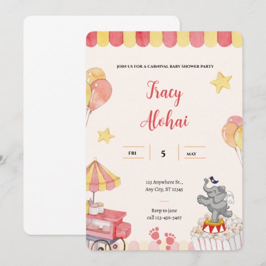Carnaval Baby shower Invitation | circusfeest Kaart (Voorkant / Achterkant)