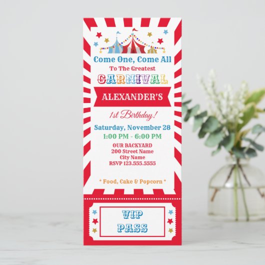 Carnaval Birthday Party Ticket Invitation Kaart (Staand voorkant)