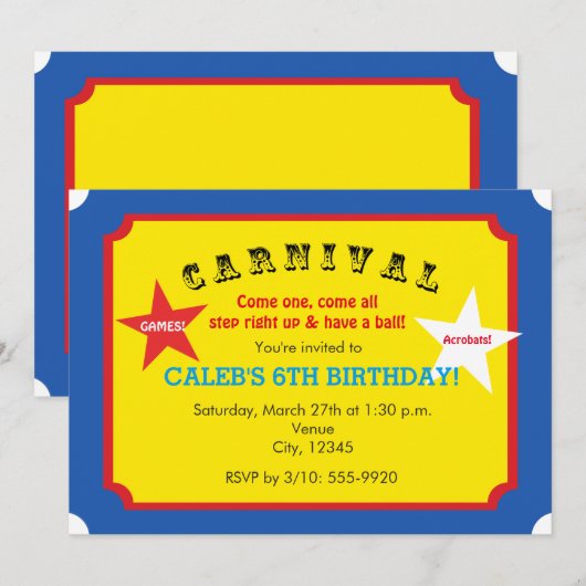 Carnaval Birthday Party Ticket Invitation Kaart (Voorkant / Achterkant)