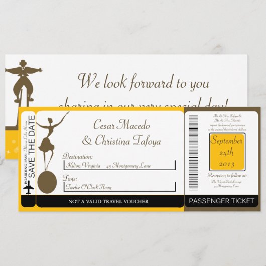 Carnaval Boarding Pass bruiloft uitnodiging (Voorkant / Achterkant)