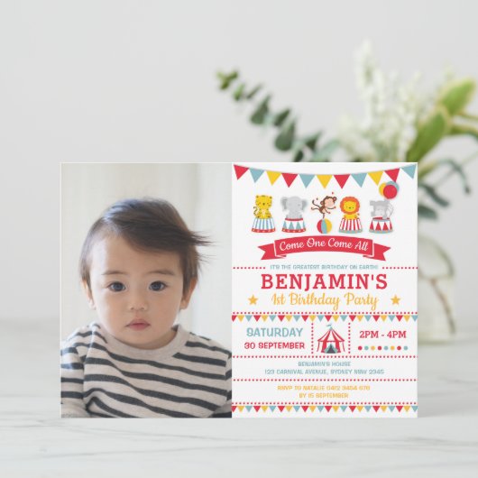  carnaval Circus Animals 1e verjaardag Foto Kaart (Staand voorkant)