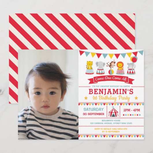  carnaval Circus Animals 1e verjaardag Foto Kaart (Voorkant / Achterkant)