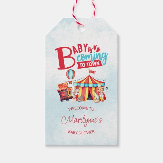 Carnaval Circus Blauw Baby shower Cadeaulabel (Voorkant)