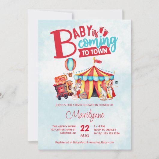 Carnaval Circus Blauw Baby shower Kaart (Voorkant)