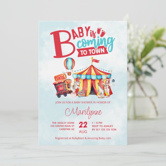 Carnaval Circus Blauw Baby shower Kaart (Staand voorkant)
