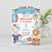 Carnaval / Circus blauwe jongen verjaardagsuitnodi Kaart (Staand voorkant)