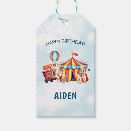 Carnaval Circus Grote Top Blauwe Verjaardag Cadeaulabel (Voorkant)