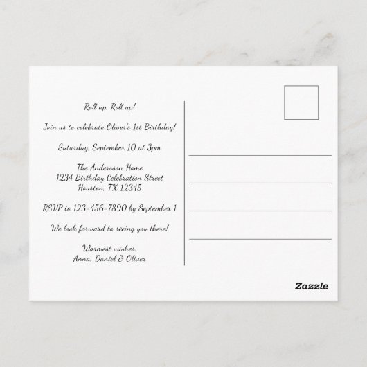 Carnaval Circus Kinder 1e Verjaardagsfeestuitnodig Briefkaart (Achterkant)