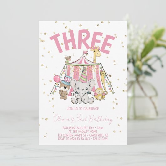 Carnaval Circus Roze 3e Verjaardag Kaart (Staand voorkant)