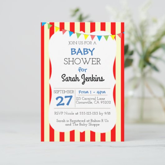 Carnaval Circus Streep Baby shower Uitnodiging (Staand voorkant)